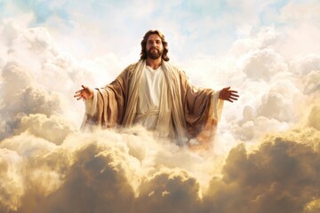 A depiction of a divine figure emerging amidst heavenly clouds with open arms
