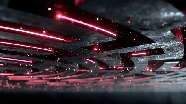 Abstract futuristic labyrinth of glowing neon pathways, levitating holographic nodes, pulsating energy conduits, and kinetic cyber structures forming a surreal digital maze