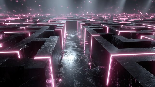 Abstract futuristic labyrinth of glowing neon pathways, levitating holographic nodes, pulsating energy conduits, and kinetic cyber structures forming a surreal digital maze