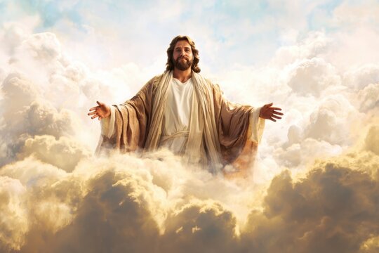 A depiction of a divine figure emerging amidst heavenly clouds with open arms