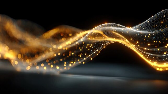 Abstract glowing golden light trails forming dynamic curves, sense of motion, energy, and visual fluidity, perfect for creative, futuristic, or artistic generative AI illustrations.