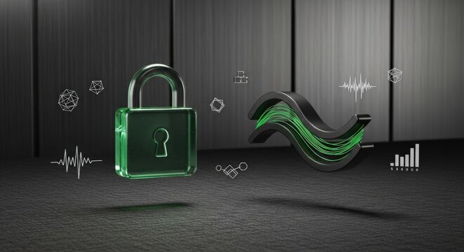 Modern Quantum-Safe Dashboard Concept with Emerald Glass Padlock and Titanium Wave Icon on Textured Black