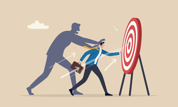 Courage, pushing,red big bullseye target self believe, determination or aspiration to overcome challenge concept, fearful businessman being push by his shadow self to success