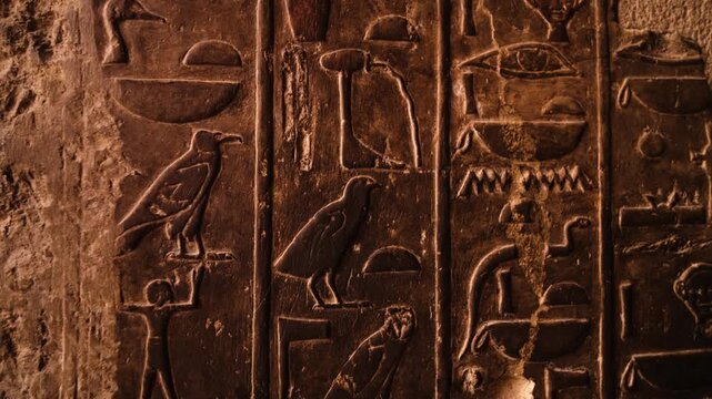 Hatshepsut Temple Wall Details. Close-up details of wall art inside the main chamber of Hatshepsut Temple in Luxor. The ancient Egyptian reliefs depict Hatshepsut