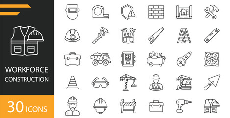 Workforce and construction line icons set. Customizable vector symbols of construction worker, hard hat, safety vest, tower crane, dump truck, welding mask, power drill, toolbox, blueprint, and more. © jawad
