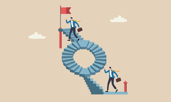 Business, pillars fake or real, possible and impossible concept, ambitious businessman walk up stair while in paradox he walking down