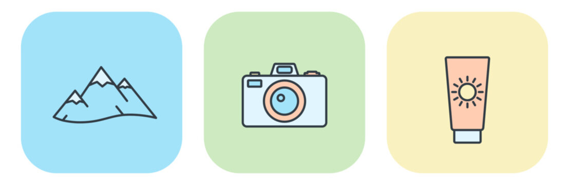Flat vector icons of vacation: snowy mountains, photo camera, and sunscreen. Illustrations for tourism design