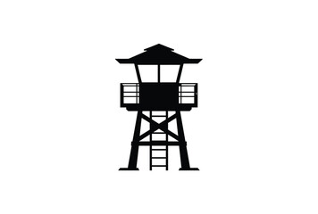 A stark black watchtower stands prominently against a plain white background silhouette © Sumon