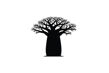 A striking dark baobab tree stands prominently against a plain white background silhouette © Sumon