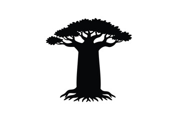 A striking black silhouette of a baobab tree against a white background silhouette © Sumon
