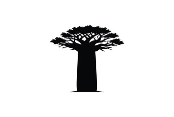A striking black silhouette of a baobab tree against a white background silhouette © Sumon