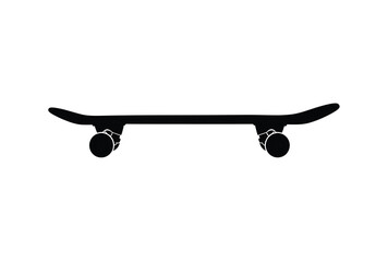 A black skateboard is shown in profile against a plain white background silhouette © Sumon