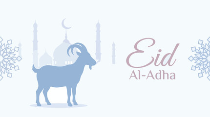 Fototapeta premium Eid Al Adha greeting card with goat and mosque silhouette on white background