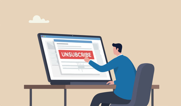 Unsubscribe email exit from mailing list, cancel subscription button, remove or leaving marketing email, rejection concept, businessman computer laptop push unsubscribe button.