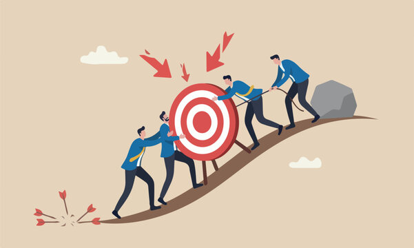 Missed meeting achieve set too high or unrealistic goal concept, businessman trying hard to push dartboard or arrow target up the hill