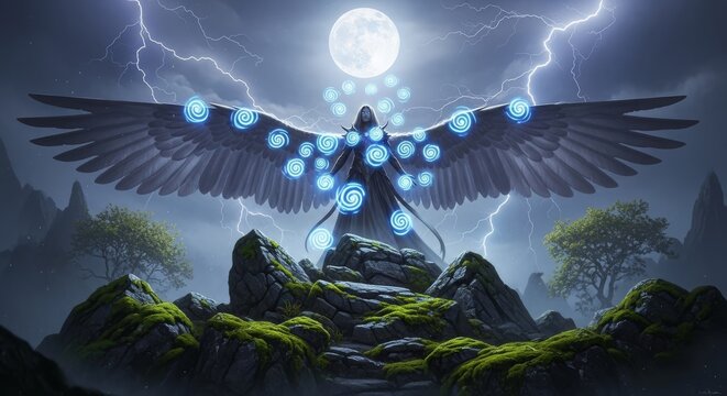 Moonlit Winged Spirit Soars Over Thunderous Cliffs.