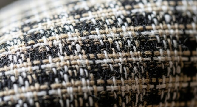 Close up woven textile fabric texture with black white gray pattern.