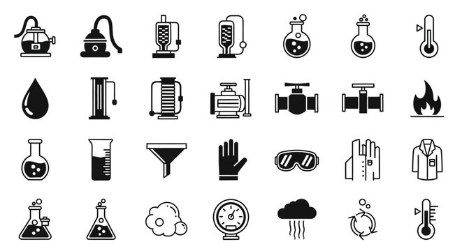 Science, laboratory, chemistry icons, 40 black and white symbols, lab equipment, scientific research, educational illustrations