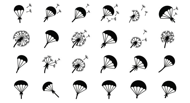 Parachute icons, black and white vector graphics, 25 parachute symbols, skydiving illustrations, adventure and travel elements