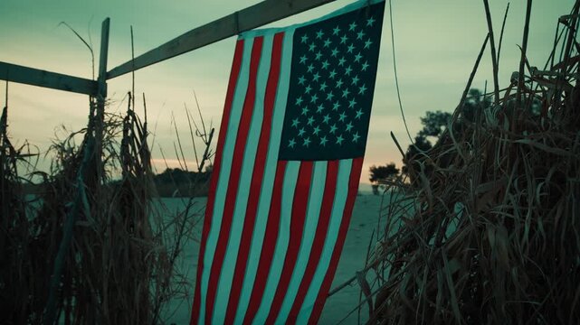 American flag hung in a military hut for Remembrance Day honoring the fallen.