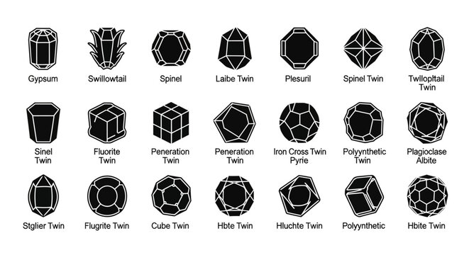 Geometric shapes, 25 Twinning crystal icons, black and white, vector illustrations, crystal structures, chemistry symbols