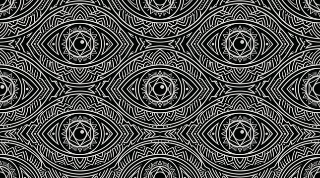 Intricate monochrome abstract pattern of concentric circles and eyes in seamless repetition.