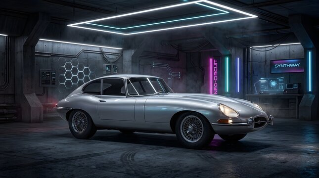 A sleek silver vintage sports car parked in a futuristic dimly lit garage with neon lights