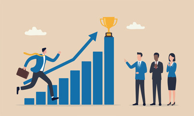 Fototapeta premium Motivation meeting teams together peak improve and succeed, benefit, prize award concept, motivated businessman running on growing bar graph catch winner trophy