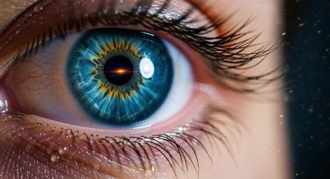 Eye vision ophthalmology medical iris laser correction treatment optics examination in macro closeup. Blue human eye with pupil and eyelashes for diagnosis, screening, care and clinic technology.