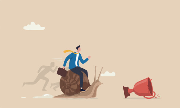 Slow, inefficient or bigger one fall stupid mistake, businessman idiot leader riding slow snail never reach goal, losing competition