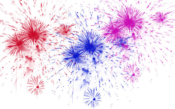 Vibrant watercolor fireworks explosion on white background, colorful paint splash firework display, festive artistic pyrotechnics for celebration