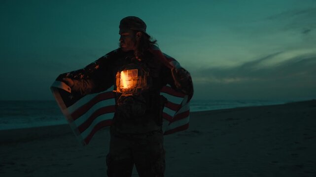 Patriotism of an American soldier during Memorial Day With flag at night