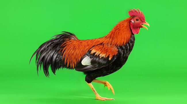 A Rooster Walks Confidently on a Green Screen Background.