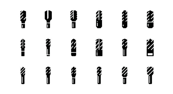 Drill Bit Icons, Black and White Drill Bits, Vector Drill Icons, 16 Drill Bit Symbols