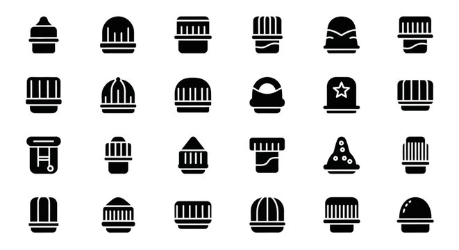 Construction Hard Hat Icons, Safety Helmet Symbols, Industrial Headwear Logos, Black and White Vector Set of 25