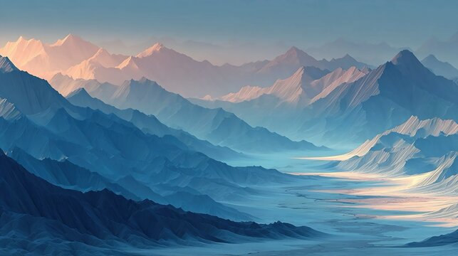 Abstract icy landscape with geometric snow patterns and soft gradients, ideal for digital backgrounds, winter-themed artwork, or creative seasonal presentations