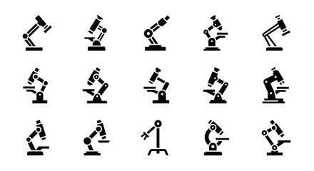 Fototapeta premium Microscope icons, laboratory equipment, science symbols, black vector illustrations, educational graphics, biology lab tools