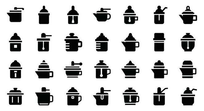 Black coffee cup icons, coffee mug set, vector coffee symbols, 25 coffee cup graphics