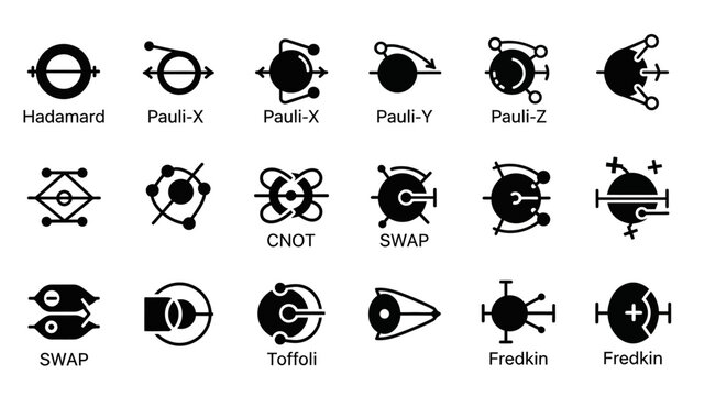 Quantum computing icons, 16 symbol set, black and white, vector graphics, Pauli-X, Hadamard, Fredkin gate, quantum mechanics, physics, scientific notation, mathematical symbols