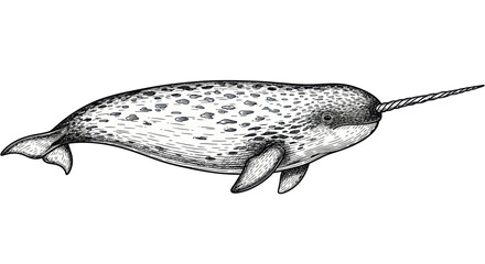Narwhal Whale Illustration, Single Tusk, Arctic Marine Animal, Hand Drawn Sketch © beni