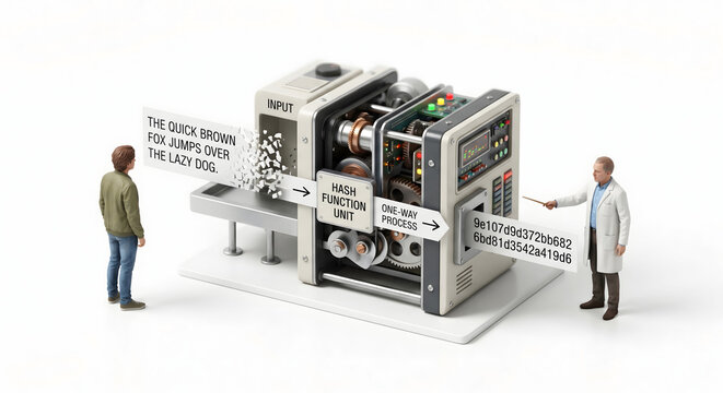 データをハッシュ値に変換する一方向ハッシュ関数のプロセスのミニチュアジオラマ 3Dレンダリング
