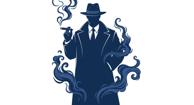 Mysterious Detective Smoking Cigar Surrounded by Smoke, Noir Style