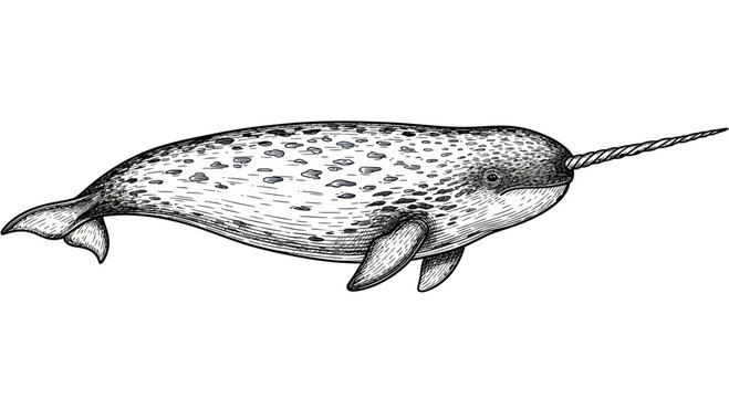 Narwhal Whale Illustration, Single Tusk, Arctic Marine Animal, Hand Drawn Sketch