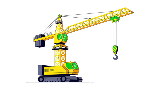 Yellow Tower Crane Construction Machinery Isolated On White Background
