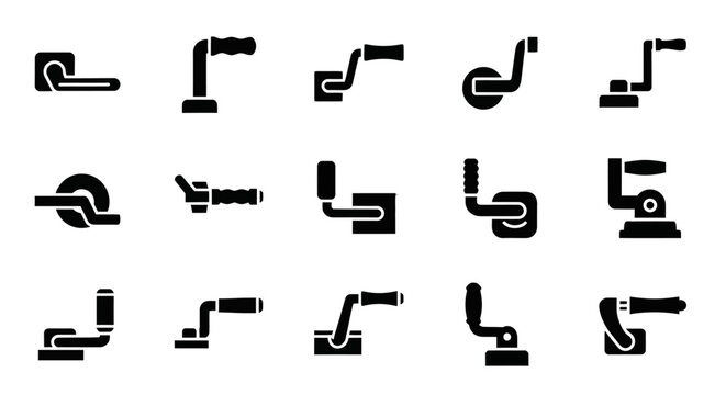 Black pipe fitting icons, plumbing symbols, 16 tube connector graphics, vector plumbing elements