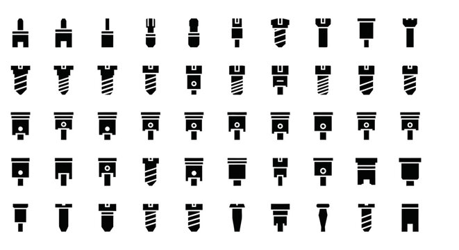 Screw, bolt, nut icon set, 40 black and white symbols, industrial hardware vector graphics