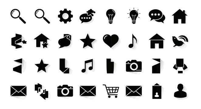 Black icons set, web navigation symbols, social media signs, business graphics
