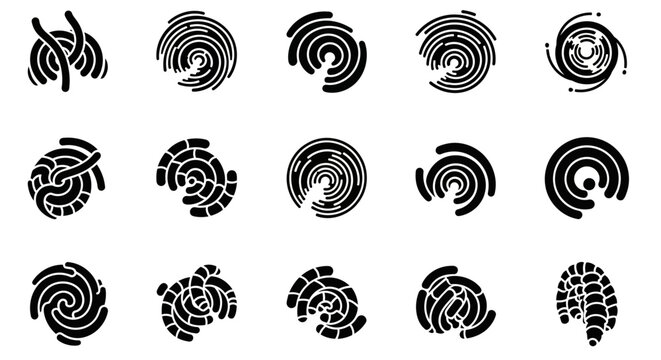 Black swirl, spiral, curl icons, 13 vector graphics, swirling shapes, abstract symbols, design elements