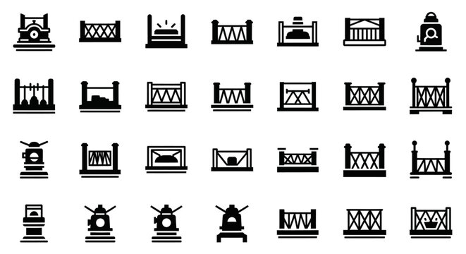 25 Industrial Factory Gate Icons, Industrial Gate Symbols, Factory Gate Vector Graphics, Gate Icon Set