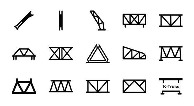 Truss, construction, bridge, beam, icon set, 15 black vector graphics, architecture, engineering symbols